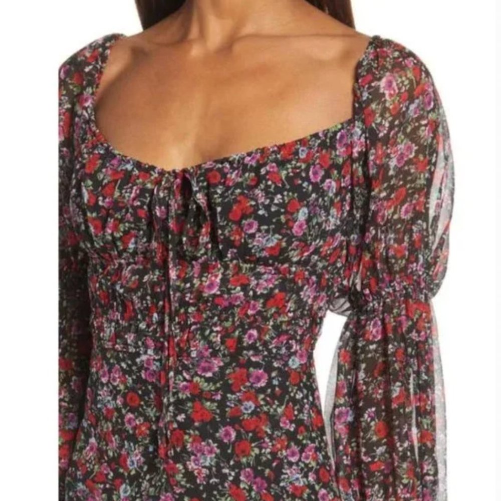 NWT Floret Studios (Nordstrom) Chiffon Black Floral Peasant Dress |  Large - Picture 2 of 5